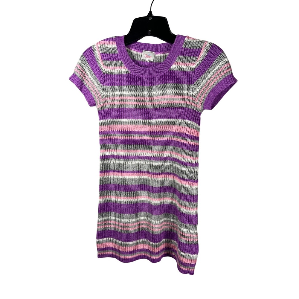 Justice Girls Striped Knit Sweater Dress Purple Pink White Gray Size 10